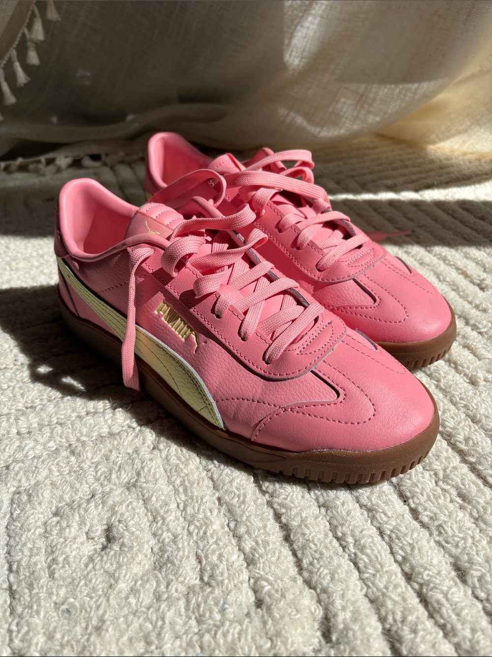 Puma Pink Leather Sneakers with Cream Stripe and Gum Sole